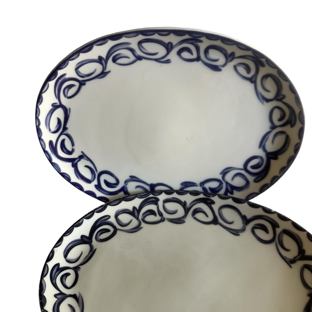 HAND CRAFTED STONEWARE SMALL OVAL PLATERS WITH PAINTED BLUE SCROLLS - Picture 2 of 12